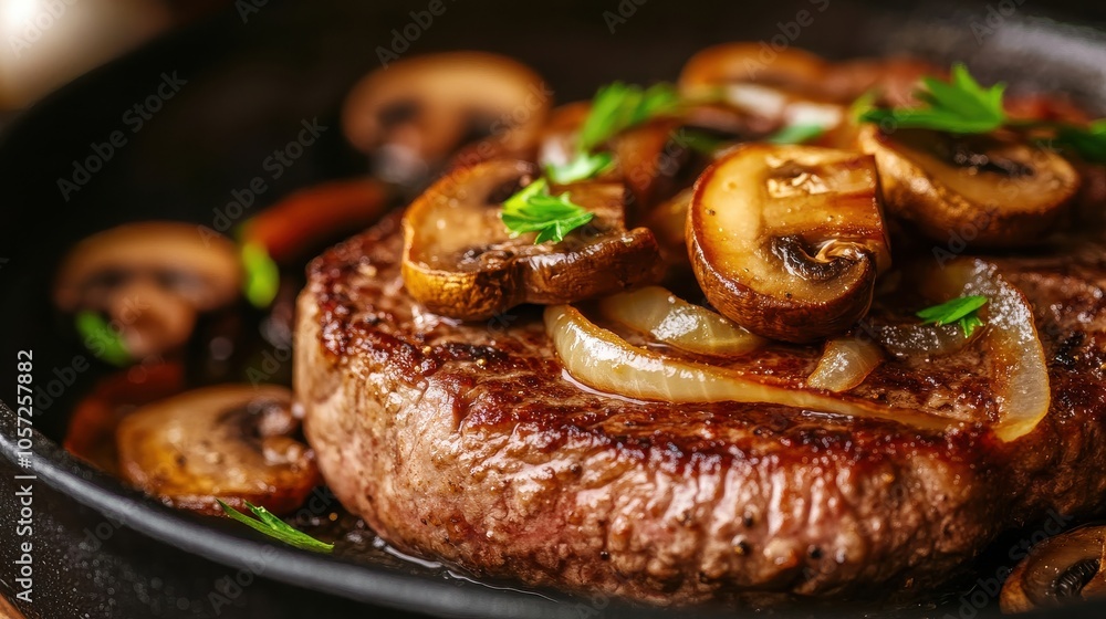Juicy Steak with Sautéed Mushrooms and Onions Garnished with Fresh Parsley Juicy Steak with Sautéed Mushrooms and Onions Garnished with Fresh Parsley