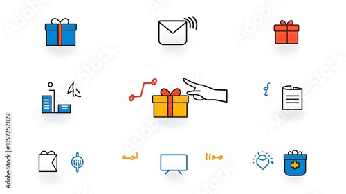 Dual color donation icons featuring a hand passing a gift box representing the concepts of charity giving and generosity  The design uses bold clear outlines to create a simple photo