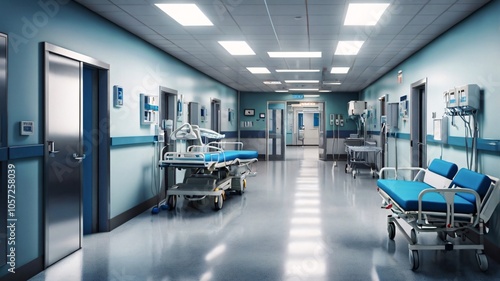 Modern Hospital corridors in blue and white, bright fluorescent lights V6