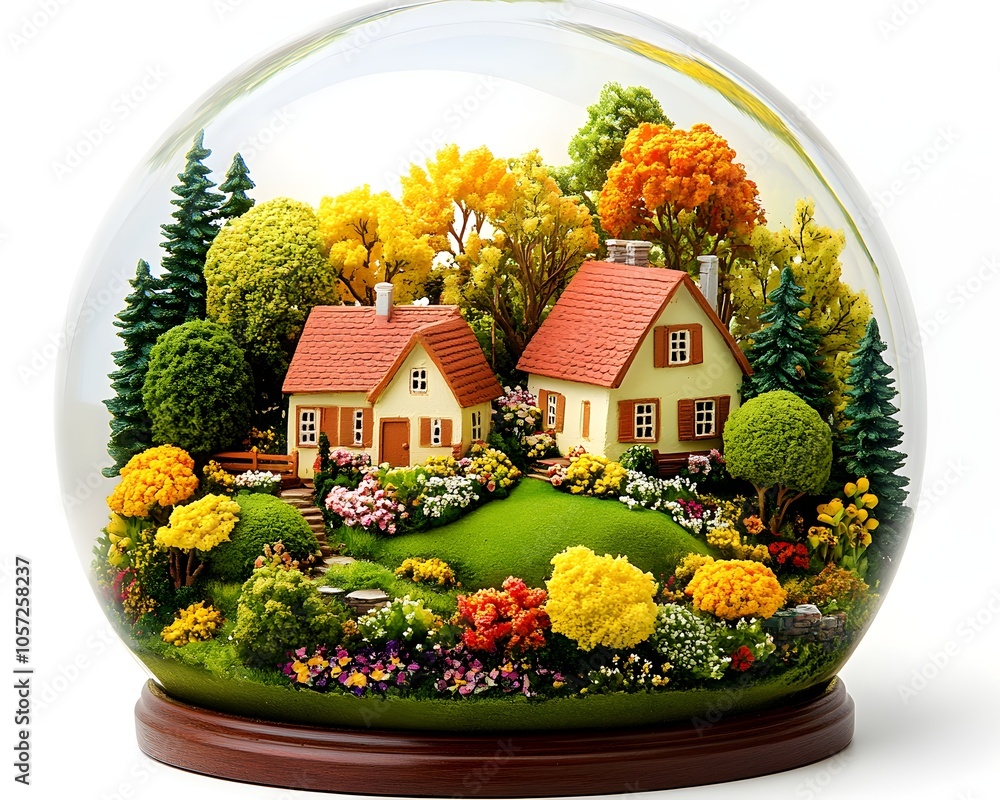 Snow Globe with Spring Village and Blooming Flowers. Snow Globe with Spring Village and Blooming Flowers.