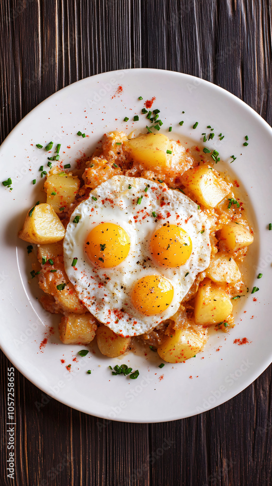 Sunny side up fried eggs are served on top of sauteed potatoes with paprika and chives Sunny side up fried eggs are served on top of sauteed potatoes with paprika and chives