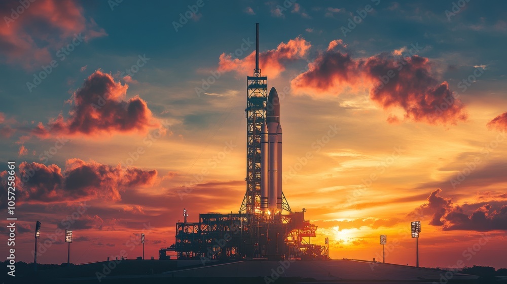 Obraz premium Panoramic sunset with a space rocket on the launch pad, sky ablaze with the setting sun,