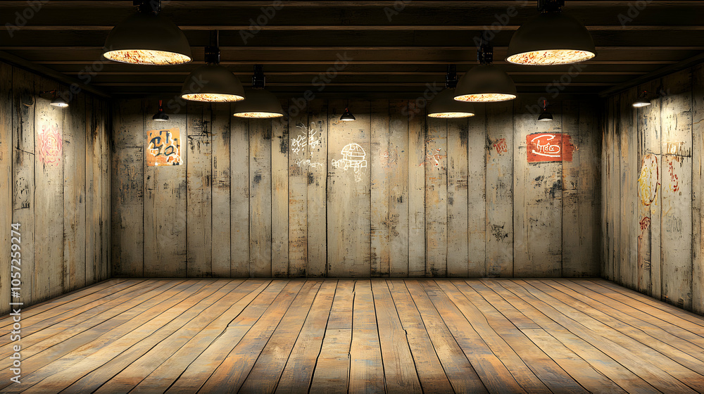 A rustic room with wooden walls and floor, lit by hanging lamps. A rustic room with wooden walls and floor, lit by hanging lamps.