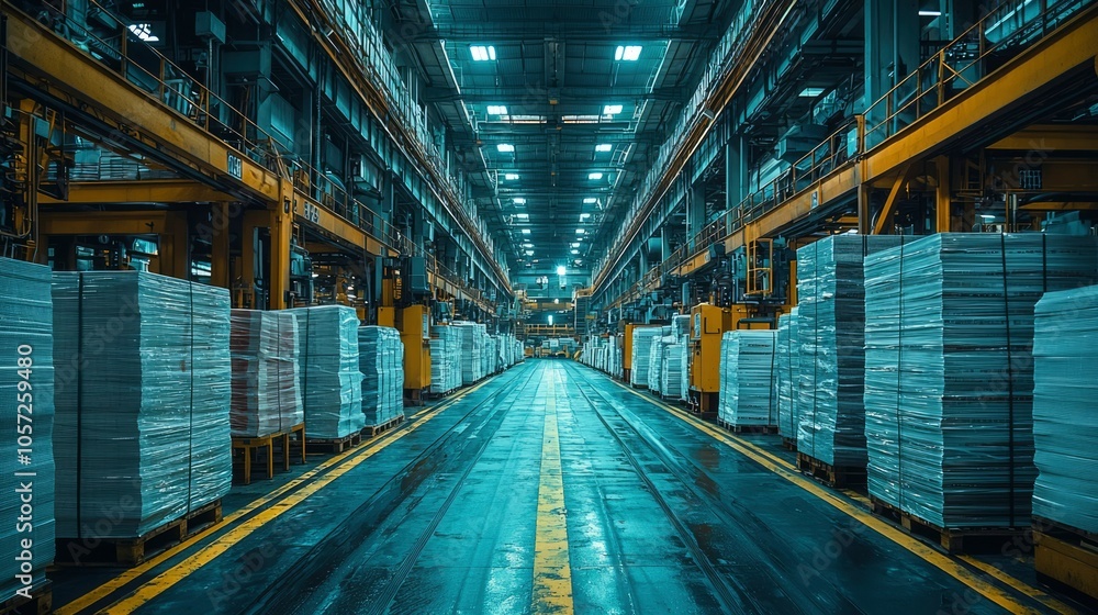 Industrial Warehouse with Pallets of Materials and Overhead Conveyors