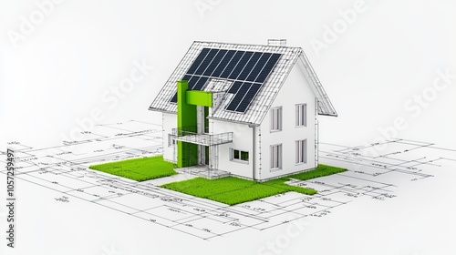 This illustration shows solar panels on a green building, symbolizing sustainable energy.