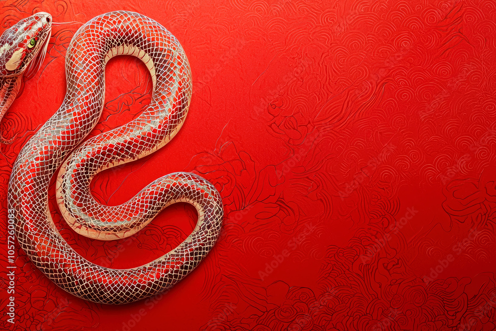 Obraz premium 2025 Chinese New Year, Year of the Snake. Red and gold snake on a red background