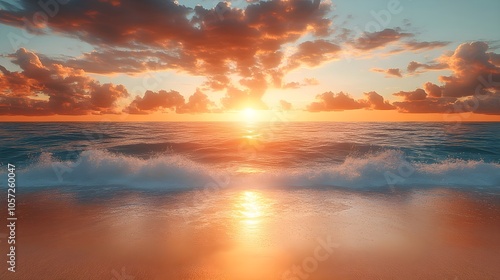 Picturesque sunset over the sea A dramatic view of a sunset with the sun setting over the ocean in warm orange tones as the waves gently crash onto the shore. photo