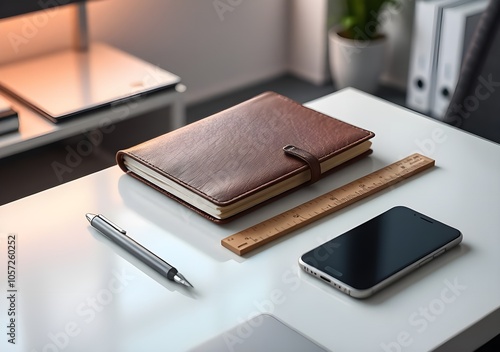 Notebook Pen Ruler and mobile phone for business concept on the table, in clean office.