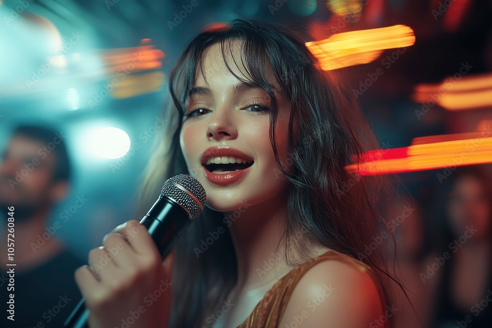 Woman Singing into a Microphone at a Concert with Blurry Background Lights Woman Singing into a Microphone at a Concert with Blurry Background Lights