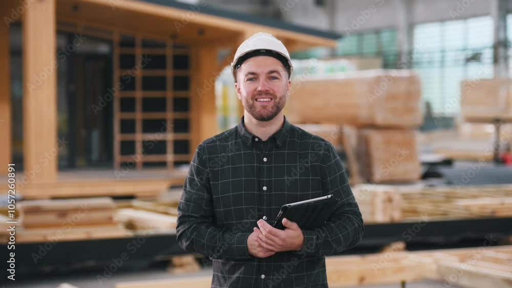 In white helmet. Male builder is at construction of wooden house. In white helmet. Male builder is at construction of wooden house.