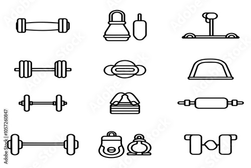 Collection of Fitness and Gym Equipment Icons in Simple Outline Style Featuring Weights and Machines.