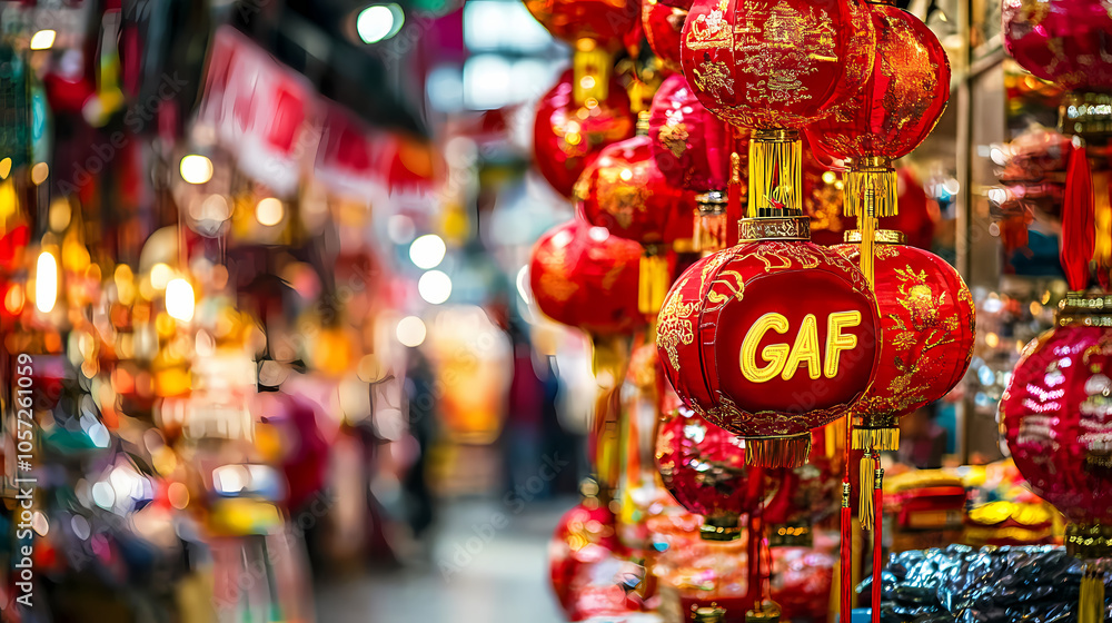 Obraz premium Festive Chinese Lanterns: 'HAPPY' Sign Illuminating the Market