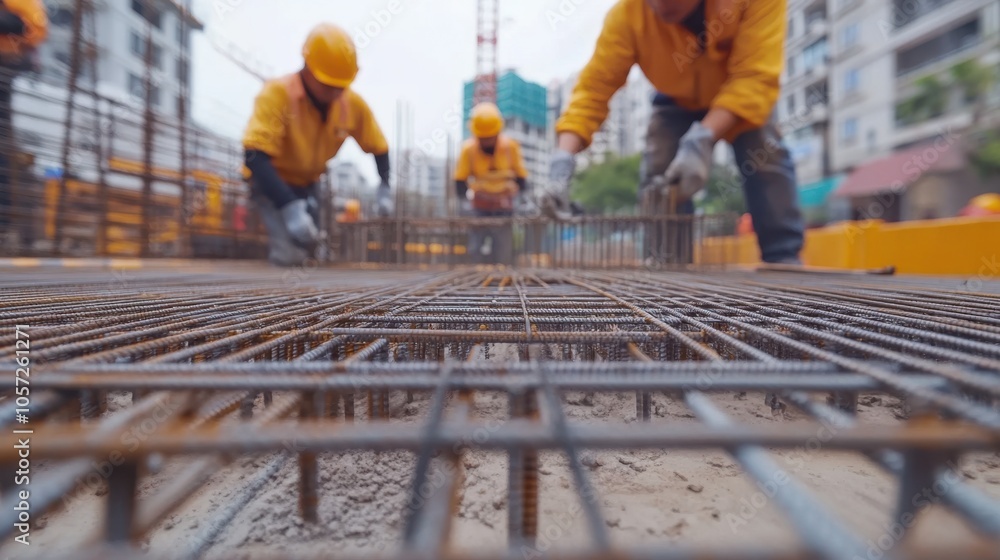 A close-up of construction workers assembling the steel reinforcement for a new elevated road. A close-up of construction workers assembling the steel reinforcement for a new elevated road.