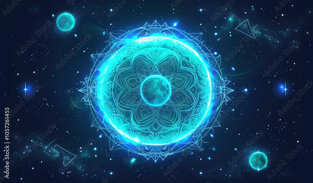 Cosmic Mandala with Celestial Bodies in a Dark Space Background. Cosmic Mandala with Celestial Bodies in a Dark Space Background.