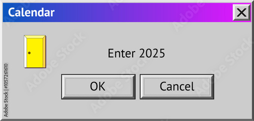 2025 New Year themed dialogue box with door to enter 2025. Abstract vaporwave, y2k aesthetics window with 90s style system message