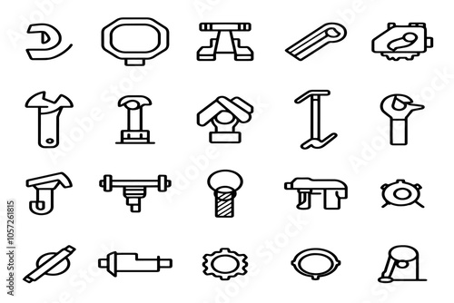 Industrial and Construction Equipment Line Art Icon Set Featuring Bolts, Pipes, and Clamps.