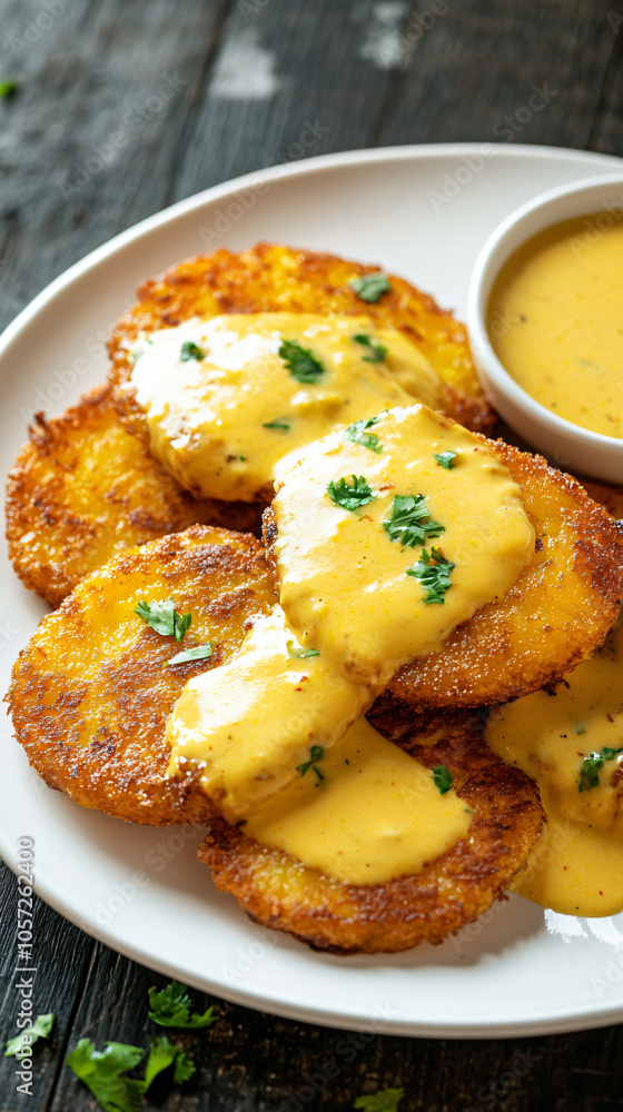 Crispy fried polenta discs topped with creamy sauce and fresh parsley Crispy fried polenta discs topped with creamy sauce and fresh parsley