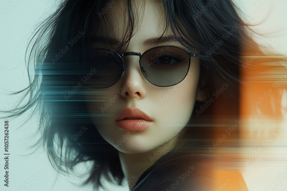 Close-up portrait of a woman with dark hair and sunglasses, with a blurred background of horizontal lines Close-up portrait of a woman with dark hair and sunglasses, with a blurred background of horizontal lines