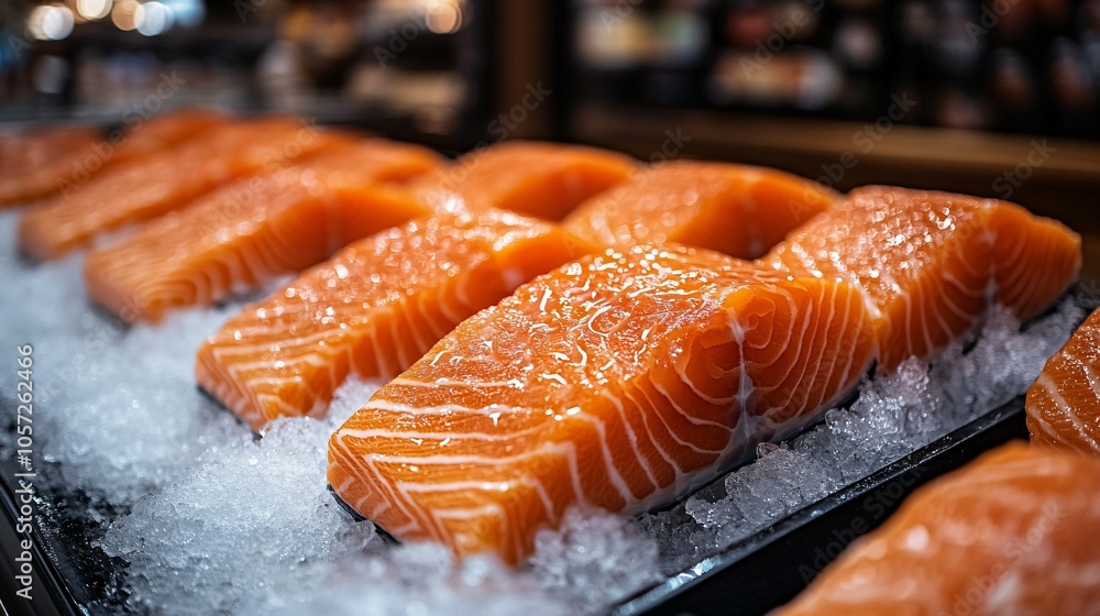 Fresh raw salmon fillets neatly arranged on ice at a grocery store, showcasing premium quality seafood ready for purchase, perfect for healthy and nutritious meals Fresh raw salmon fillets neatly arranged on ice at a grocery store, showcasing premium quality seafood ready for purchase, perfect for healthy and nutritious meals