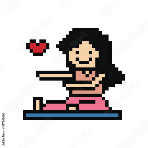 Cute pixel cartoon 8bit character woman lady aerobic yoga exercises training lifestyle stretch decoration life style 8 bit female girl exercise gym yoga fitness warm game png vector.