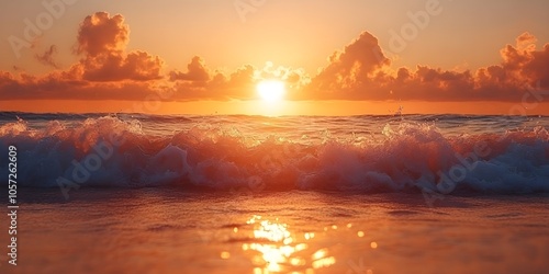 Picturesque sunset over the sea A dramatic view of a sunset with the sun setting over the ocean in warm orange tones as the waves gently crash onto the shore. photo