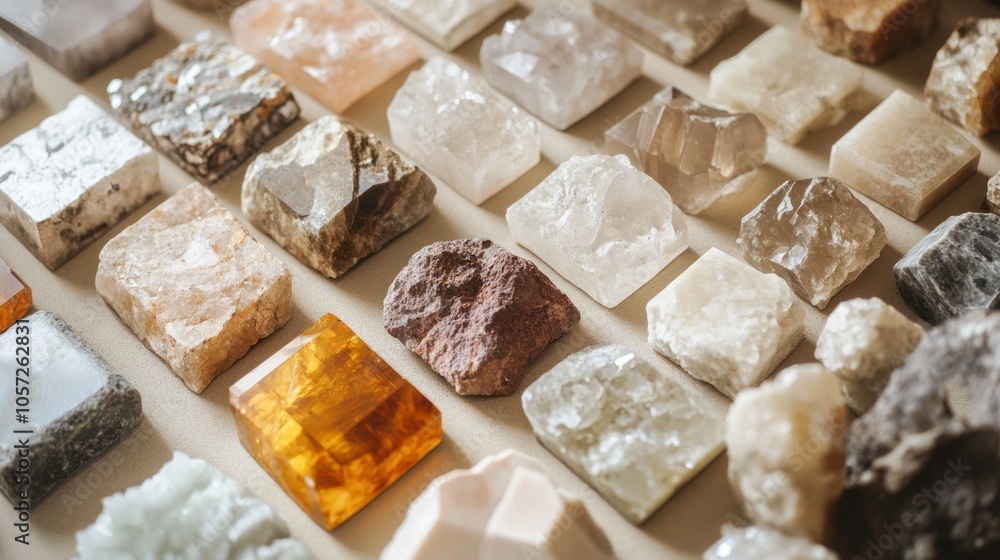 Assorted minerals in earthy hues, arranged in a natural pattern Assorted minerals in earthy hues, arranged in a natural pattern