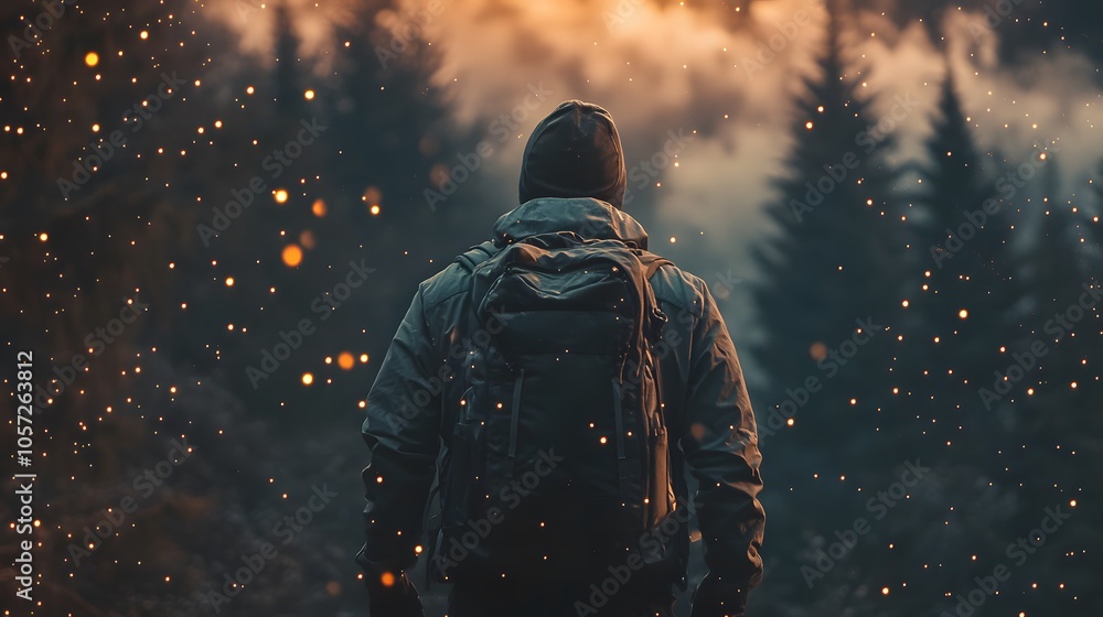 A contemplative young man in a winter jacket admires the forest at twilight. A contemplative young man in a winter jacket admires the forest at twilight.
