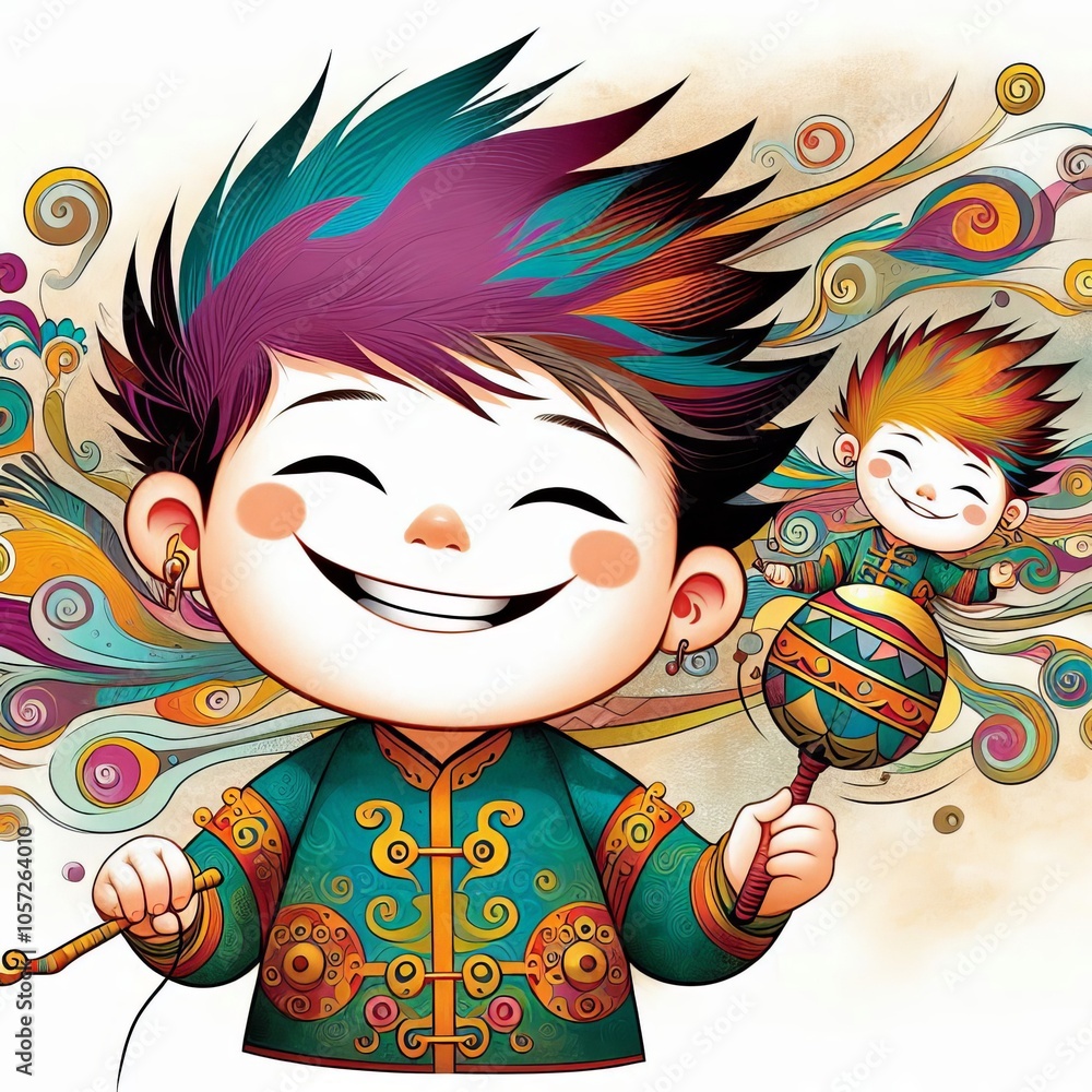 Whimsical illustration of a boy with a mischievous grin and colo Whimsical illustration of a boy with a mischievous grin and colo