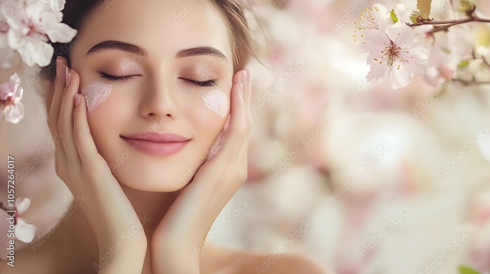 Young Caucasian woman enjoying a skincare routine surrounded by blooming cherry blossoms. Young Caucasian woman enjoying a skincare routine surrounded by blooming cherry blossoms.