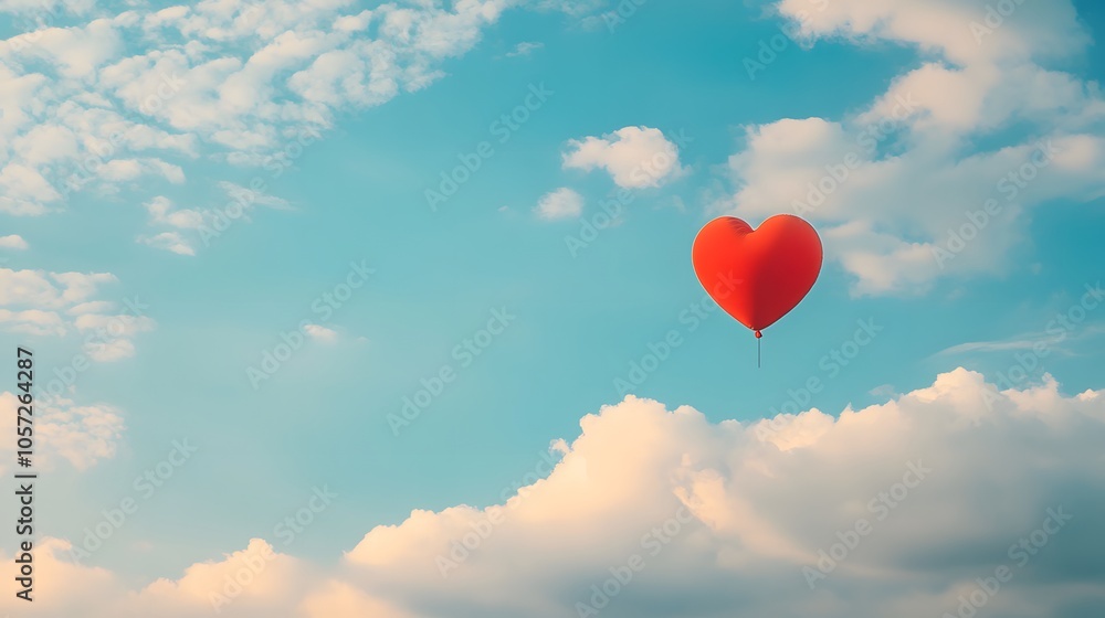 Fototapeta premium A vibrant red heart-shaped balloon floating in a blue sky with fluffy clouds.