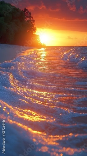 Picturesque sunset over the sea A dramatic view of a sunset with the sun setting over the ocean in warm orange tones as the waves gently crash onto the shore. photo