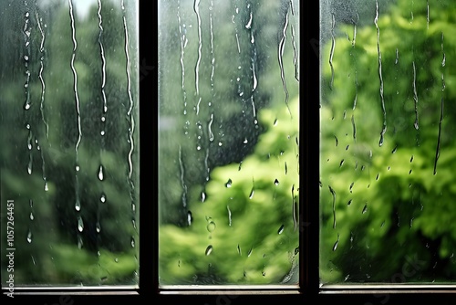 window with rain a window showing a steady stream of rain fallin photo