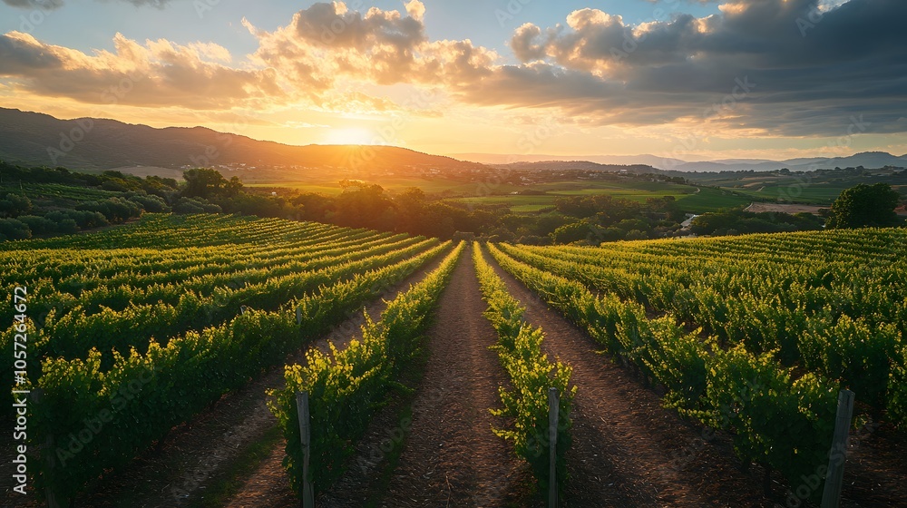 Sunset over lush vineyard rows in a tranquil countryside setting. Sunset over lush vineyard rows in a tranquil countryside setting.