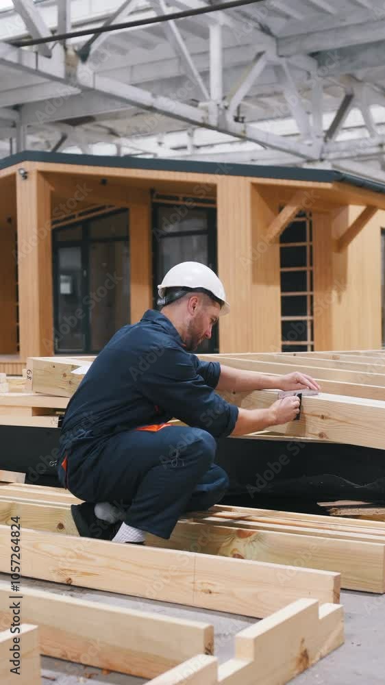 Measuring the planks. Male builder is at construction of wooden house. Measuring the planks. Male builder is at construction of wooden house.