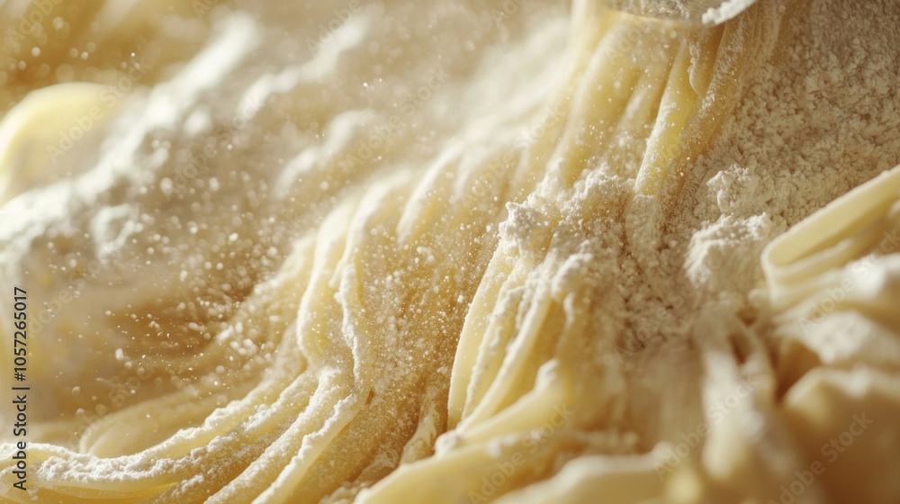 Close-up of fresh pasta being made by hand, with flour-dusted surfaces and traditional Italian tools Close-up of fresh pasta being made by hand, with flour-dusted surfaces and traditional Italian tools