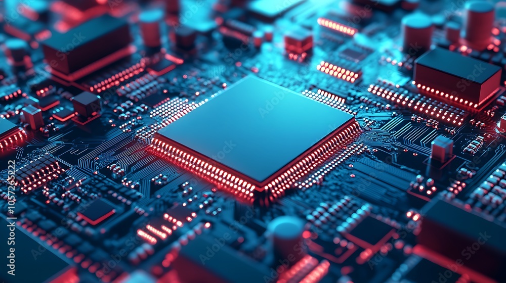 A close-up view of a circuit board with illuminated components, showcasing technology and electronic design. A close-up view of a circuit board with illuminated components, showcasing technology and electronic design.