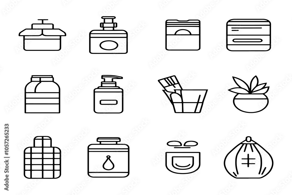 Outline Vector Icons of Beauty and Skincare Products Including Lotion Bottles, Cream Jars, and Makeup Tools. Outline Vector Icons of Beauty and Skincare Products Including Lotion Bottles, Cream Jars, and Makeup Tools.