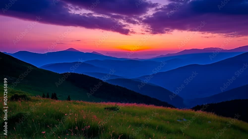 A vibrant sunset paints the sky above rolling hills in a mountainous landscape A vibrant sunset paints the sky above rolling hills in a mountainous landscape