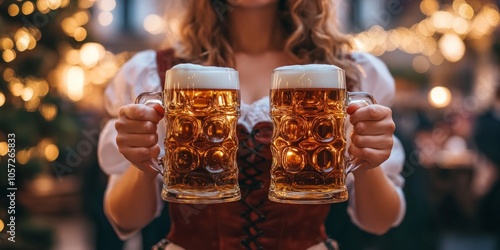 A woman in traditional attire holds two large mugs of beer in a lively atmosphere. The scene is festive, bright, and showcases a celebration. photo