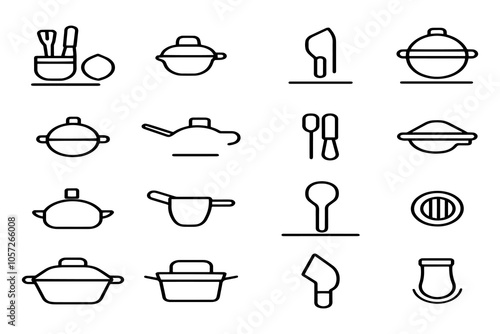 Minimalistic Kitchenware and Cooking Utensil Icons in Modern Outline Style for Culinary Projects.