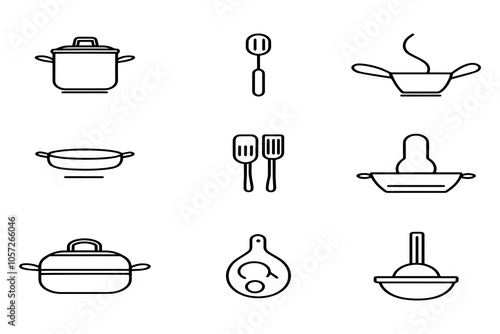 Minimalist Kitchen Utensil Icons Set in Black and White – Cooking Tools, Pots, Pans, and Accessories Outline Art.