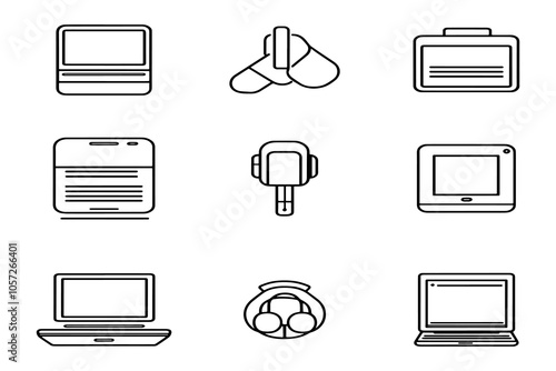 Minimalist Line Art Icons of Modern Tech Gadgets and Electronic Devices for Digital Graphic Design Use.