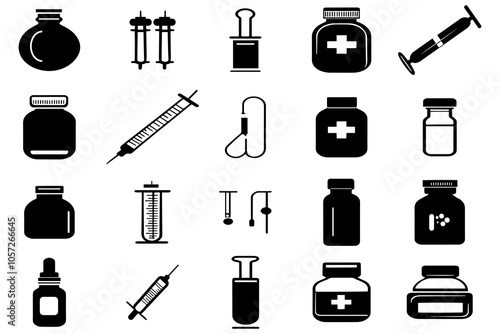 Medical Injection and Medicine Bottle Icon Set | Outline and Solid Syringe, Pill, and Vial Icons for Healthcare Design.