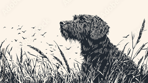 A hunting dog in the reeds, vector illustration.  