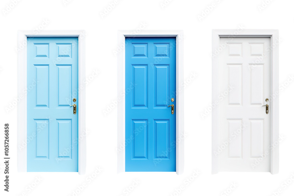 Three doors, one white, one brown, and one gray . on transparent background. Three doors, one white, one brown, and one gray . on transparent background.