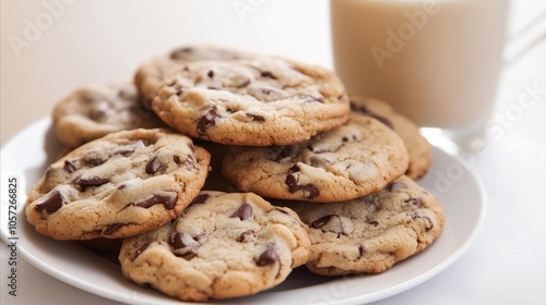 Plate of chocolate chip cookies sits next to a glass of milk