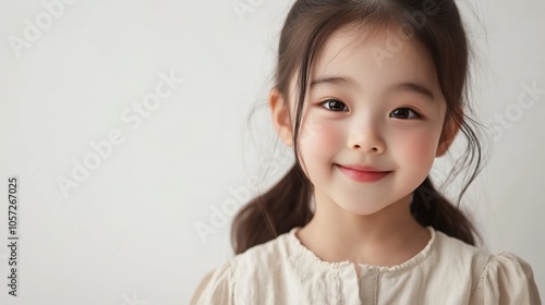 Child model with Korean heritage, stylishly dressed, gazing joyfully into the camera, neutral