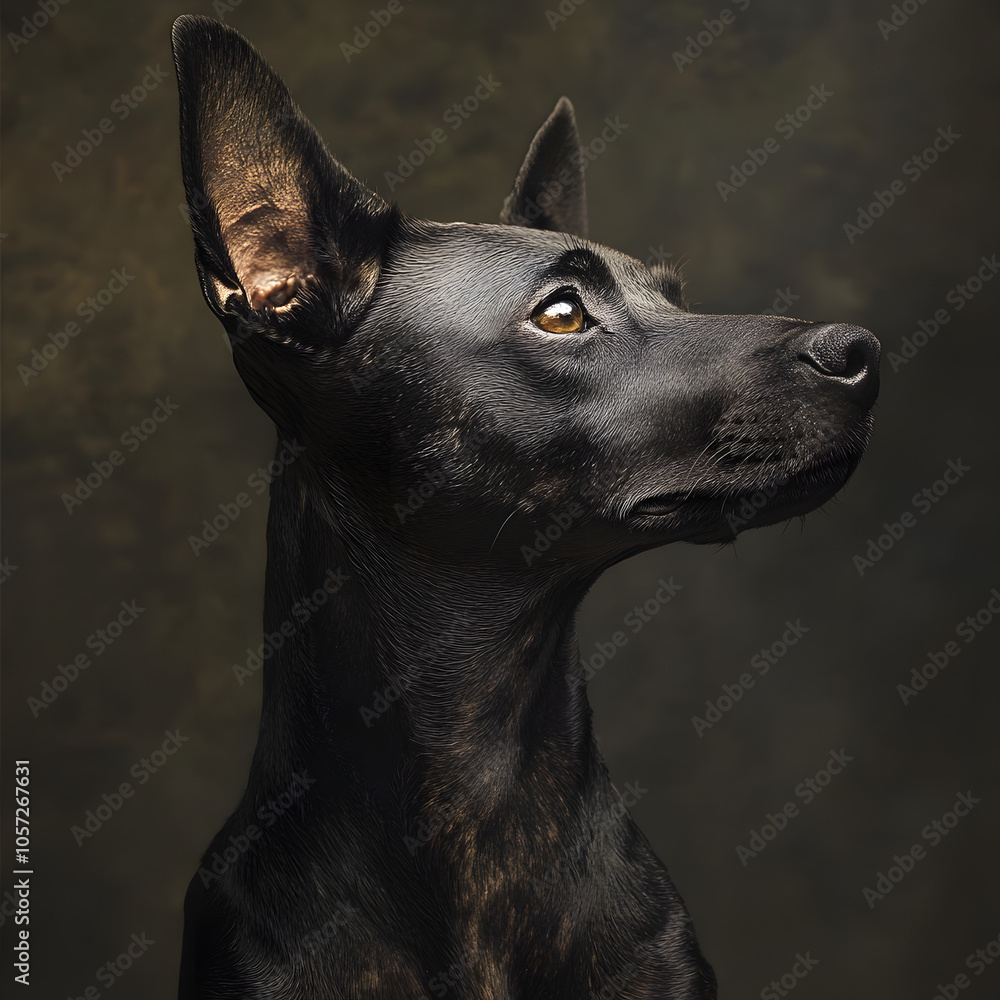 Alert dog with pointed ears and sleek black fur, observing the surroundings Alert dog with pointed ears and sleek black fur, observing the surroundings