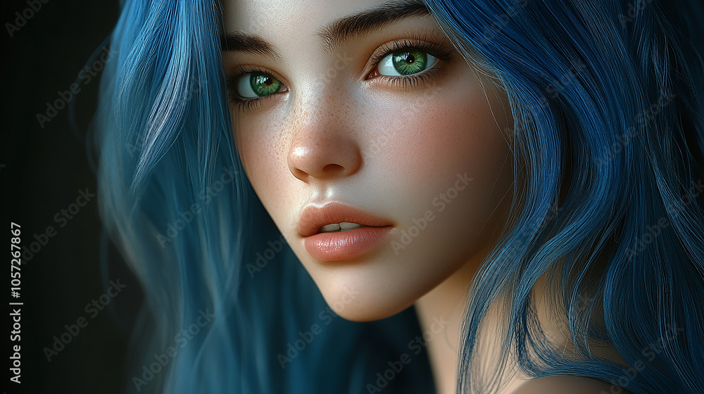 Beautiful woman with blue hair, green eyes, and fair skin Beautiful woman with blue hair, green eyes, and fair skin