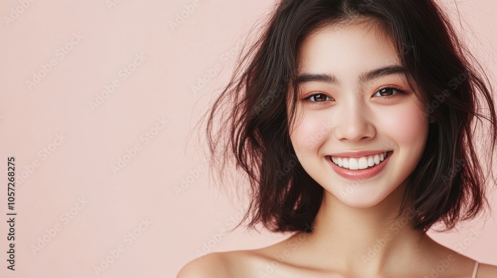Close-up shot of a happy Asian model, half-body, smiling warmly at the camera, solid pastel Close-up shot of a happy Asian model, half-body, smiling warmly at the camera, solid pastel